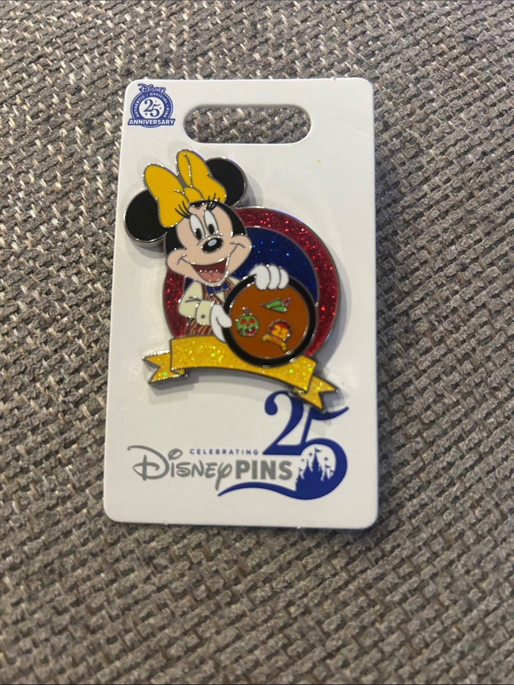Disney Minnie Mouse Glitter Pin with Yellow Bow and Red-Blue Backing